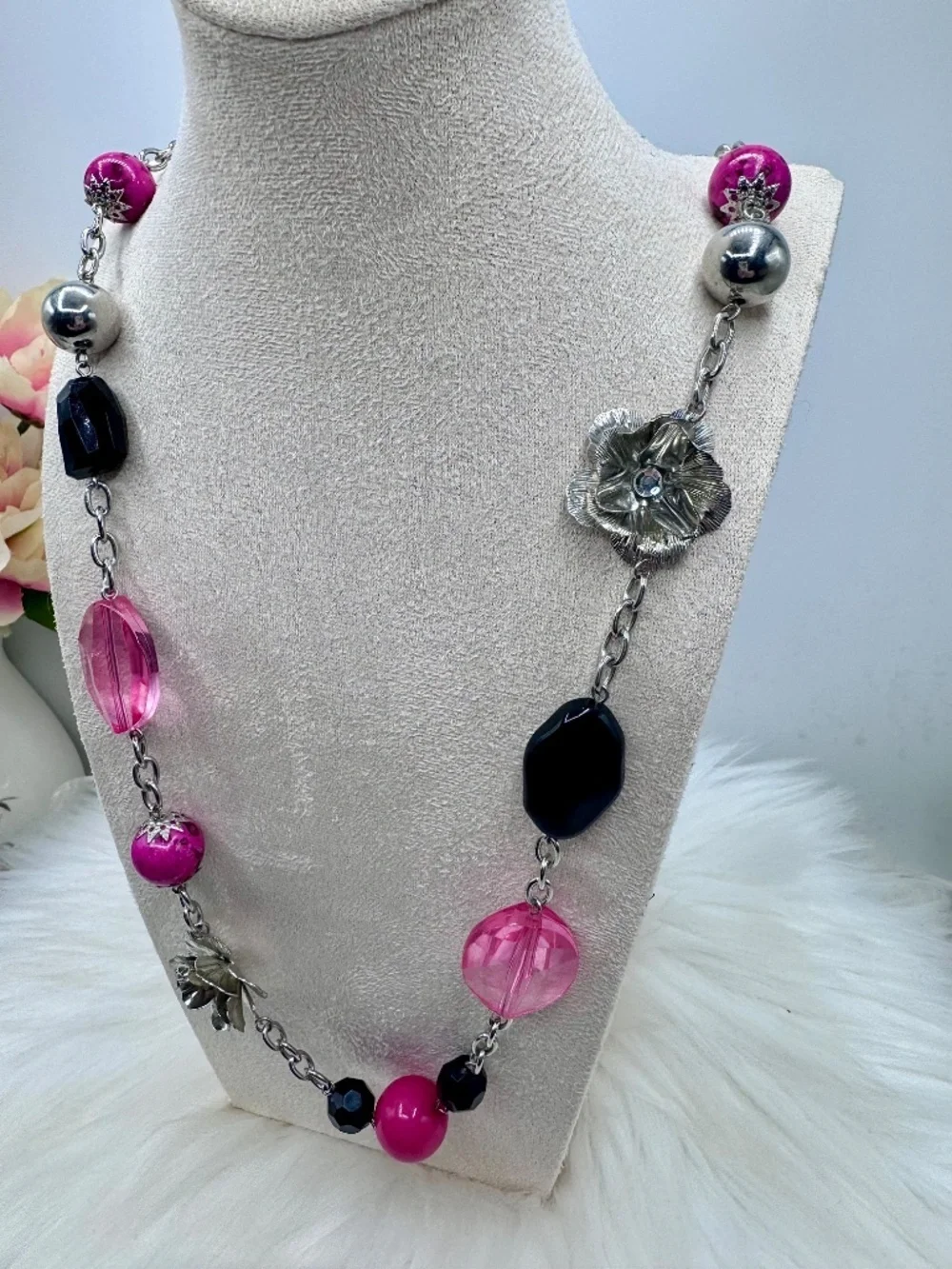 Statement Pink & Black Beaded Chain Necklace Silver Floral Accent